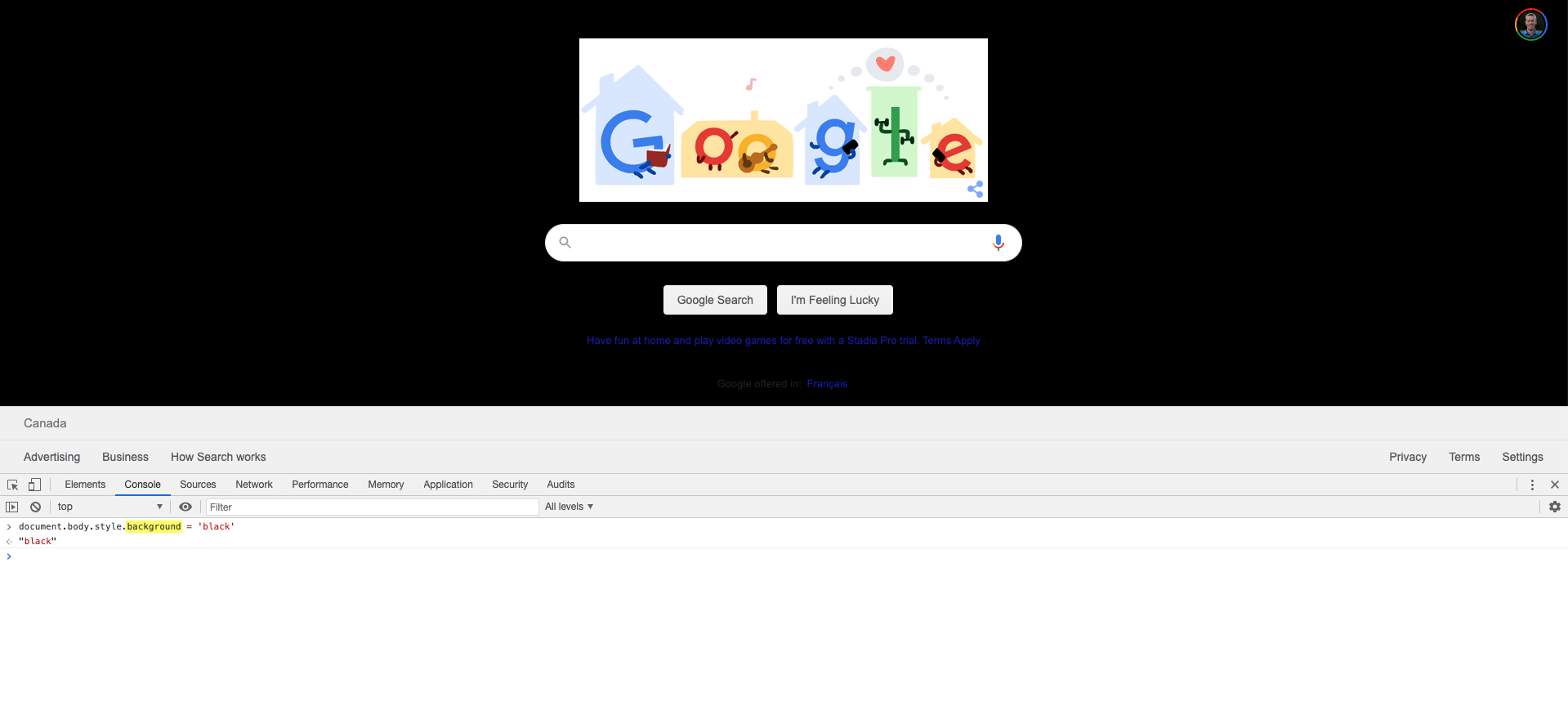 The Google website with a black background