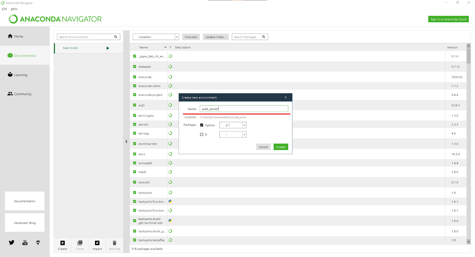 Creating an Anaconda environment